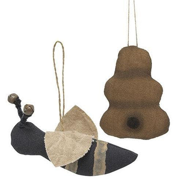 2 Set Primitive Bumble Bee and Hive Ornaments - The Fox Decor
